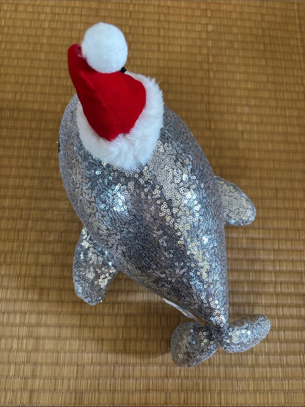 Silver Sequin Whale Plush with Red Santa Hat